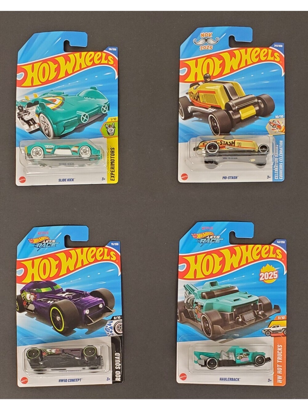 4x Hot Wheels 2025 Cars - Slide Kick, Mo-Stash, HW50 Concept, Haulerback New